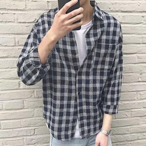 Korean Style Oversized Plaid Shirt men Tops Turn-Down Collar Loose Long Sleeve Casual Shirts 2021 Fashion Many Colour рубашка