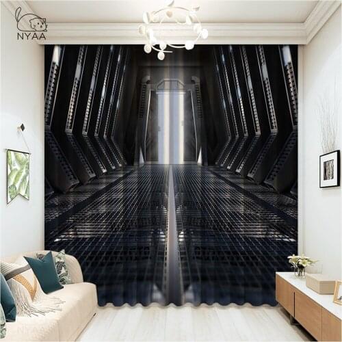 Spaceship Grunge Interior With View On Planet Earth 3D Window Curtain Europe Curtains Bedroom Printed Gray Curtain Micro Shading