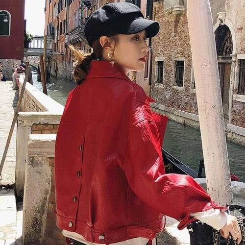 2021 New Autumn Women Pu Motorcycle Faux Soft Leather Jacket Motorcycle Black Punk Red Overcoat Female Loose Short Jacket