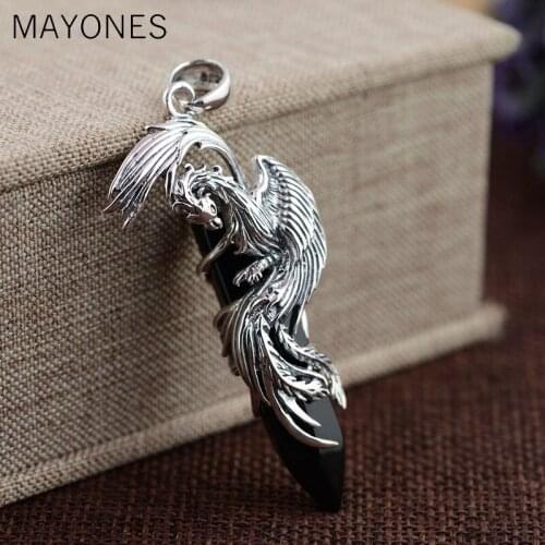MAYONES 925 Silver Phoenix Pendant 100% Pure S925 Solid Thai Silver Natural Black Stone Pendants for Women Men Jewelry Making