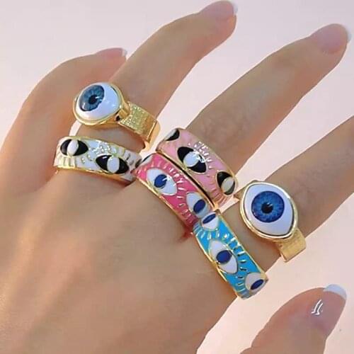 Cute Turkish Evil Eye Rings White Pink Blue Enamel Engrave Openning Rings For Women Men Fashion Jewellery Drop Shipping
