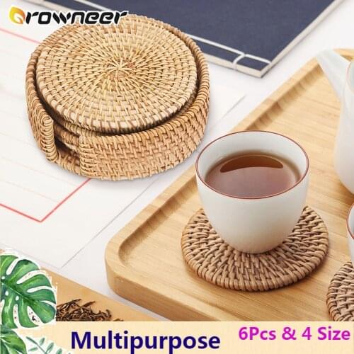6Pcs Handcrafted Woven Rattan Coasters Set Multipurpose Heat Insulation Anti Scald Round Tea Cup Mat Pot Cushion Pad With Holder