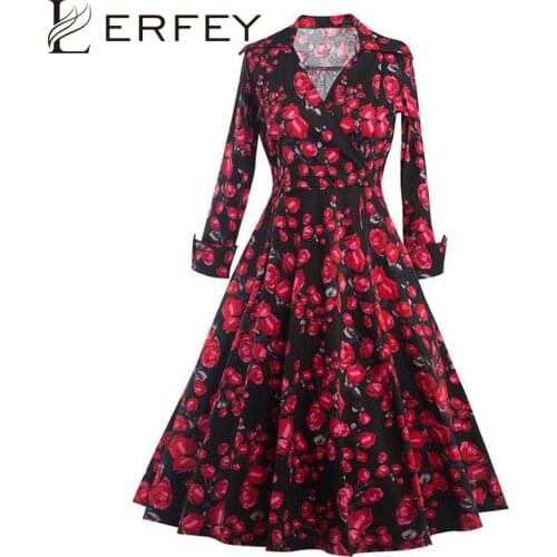 LERFEY Vestidos Women Autumn Dress Floral Print Retro Casual Robe Rockabilly Party Long Sleeve Dress 50s 60s Vintage Dressess