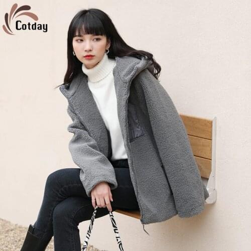 Cotday Imitation Lambs Wool Casual With Hooded Zipper Winter Warm New 2020 Loose Students For Women Granular Fleece Jacket Coat