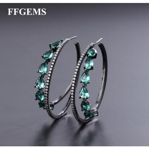 FFGems Multi Color Green Blue Stone Hoop Earrings For Women Girl Gift Big Circle Earrings Black Gold Plated Wholesale