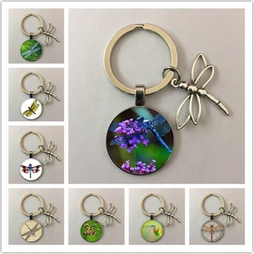 Retro dragonfly round glass keychain glass cabochon keychain dragonfly pendant jewelry gift