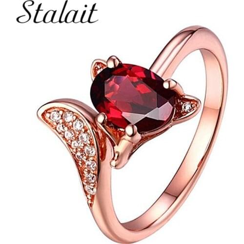 Rose Gold Firefox Glamour Female Ring Big Red Color Crystal Fox Tail Finger Ring For Women Luxury Pomegranate Ring Jewelry