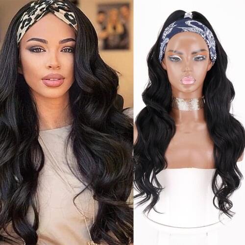 Long Wavy Headband Wig for Black Women None Replacement Body Wave Synthetic Headwraps Hair Wig New Fashion Glueless Wig