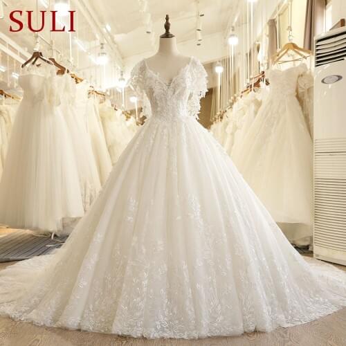 SL-7805 Fall Puffy Sleeve Backless Lace Applique Illusion Bodice V-Neck Wedding Dress 2017