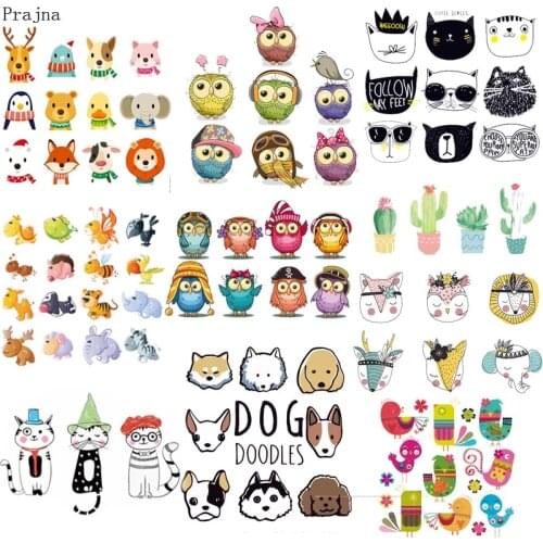 Prajna Iron On Transfers For Clothes Heat Transfer Vinyl Thermal Transfer Print Sticker Bird Cat Owl Cartoon PVC Patch Applique