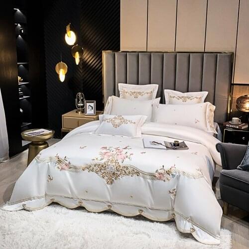 High-end Solid Color 600TC Egyptian Cotton Floral Embroidery Bedding Set Wedding Gifts Duvet Cover Bed Sheet Linen Pillowcases