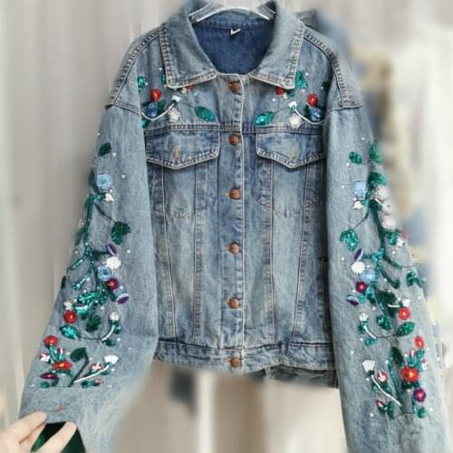 Embroidery Vintage Clothes Sequins Denim Jacket Women Tops 2021 Ladies Coat Korean Coat Loose Fashion Jean Jackets Female SL11