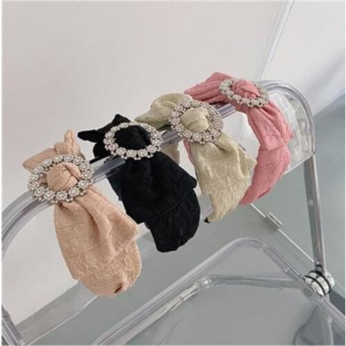 Round Crystals Buckle Decorated Headbands for Women High Quality Handmade Solid Lace Bow Hairbands Party Headdress Hair Hoop
