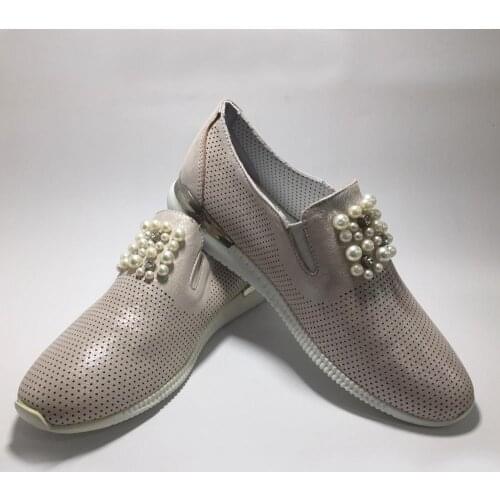 Women Genuine Leather Casual Shoes White Spring Summer Fashion Lightweight and Comfortable Design Breathable Flat Pearl Shoes
