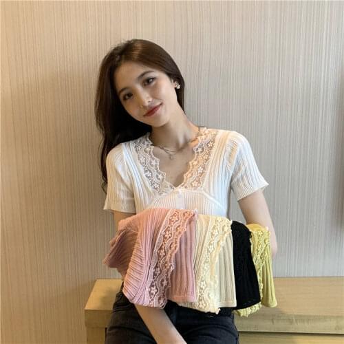 Woman Tshirts Knitted Short-Sleeved Womens Summer 2021 Lace V-neck Patchwork Cropped Top Crop Top Mujer Camisetas