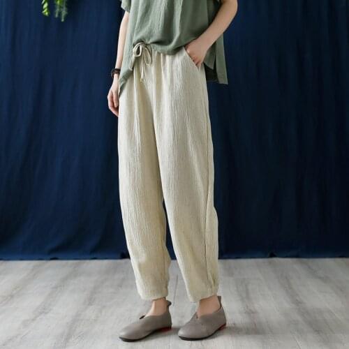 Women Cotton Linen Elastic Waist Solid Color Pants Ladies Loose 2020 Summer Pants Female Trousers