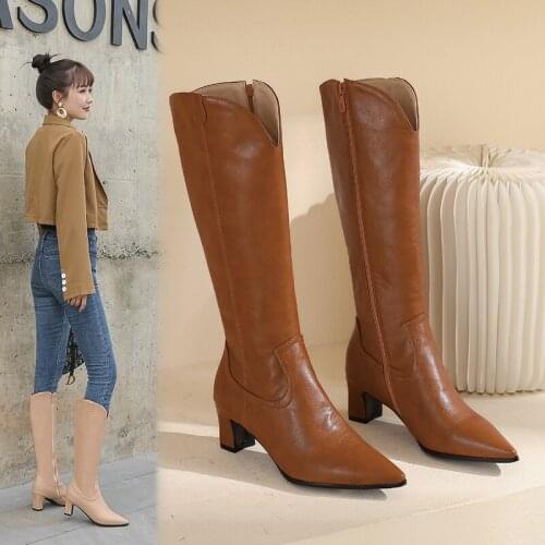 2021New High Quality Pu Leather Western Knee High Boots Women Fashion Pointed Toe Zip Low Heel Shoes Bottine Femme