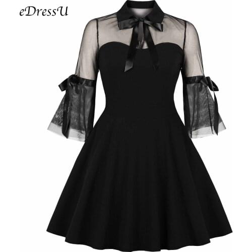 EDressU Bowknot Black Elegant Lady Dress Women Vintage Flare sleeves Chic Casual Sexy Cocktail Party Dress Club MXN-1800