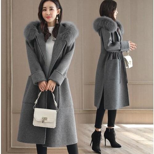 High-quality Woolen coat female winter new womens hooded waist long solid color wild fur collar warm woolen coat tide