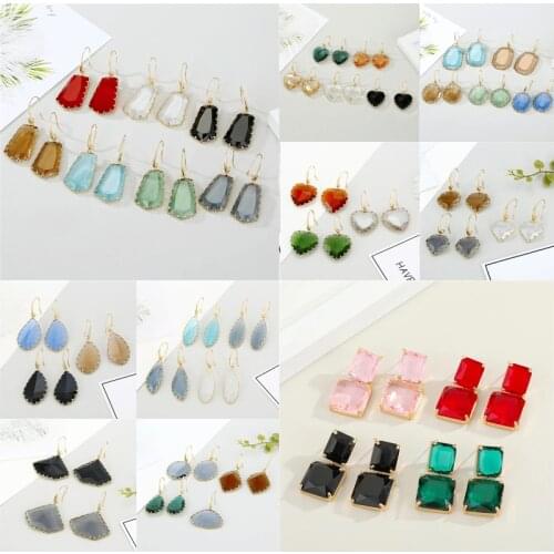 1Pair Rainbow Heart Crystal Earring For Women Gift Jewelry Fashion Simple Shiny Colored Leaf Trapezoidal Geometric Glass Earring