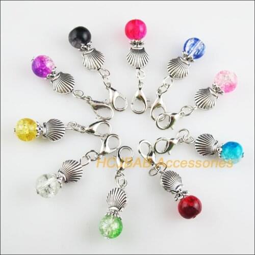 10Pcs Tibetan Silver Tone Shell Retro Mixed Shivering Glass 9x22mm With Lobster Claw Clasps Charms