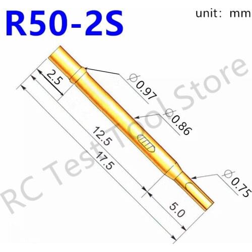 100/Pack R50-2S NEW Hardware Accessories Metal Spring Probe Length 17.5mm Dia 0.86mm Gold Tool Electronic Test Probe tubes