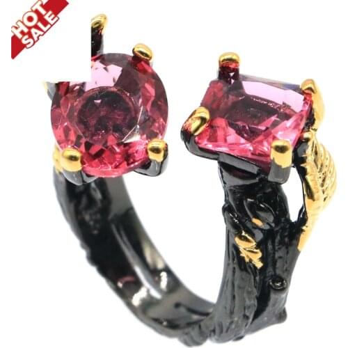 26x15mm 9.5g Ring For Women Gothic Unique Black Gold Color Party Created Pink Morganite Street Hiphop Fine Jewelry