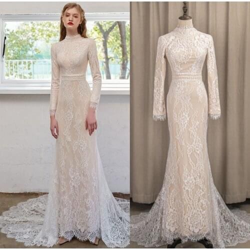 4198# 100% Real Photos 2021 Arabic spring Mermaid online Long Sleeves Lace Champagne Wedding Gowns Bride Dresses