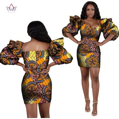 Ankara African Dresses for Women Bazin Riche Wax Print Mini Dresses Women Dress African Clothing Puff Sleeve Customized WY8012