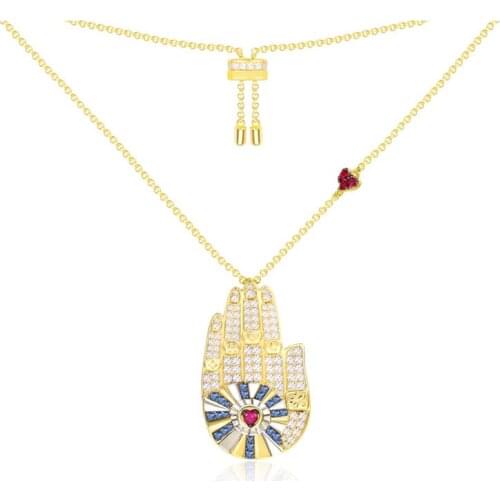 SLJELY Luxury 925 Sterling Silver Yellow Gold Color Lucky Hamsa Hand Palm Pendant Necklace Micro Cubic Zirconia Women Jewelry