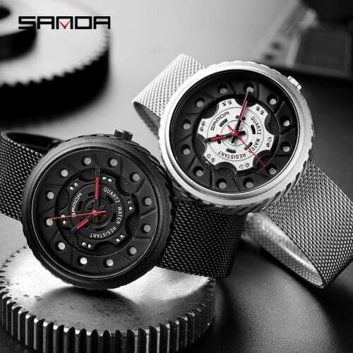 SANDA Blue Watch for Men Luxury Watches Car Wheel Dial Stainless Steel Strap Men Quartz Wristwatches Clock Relogio Masculino