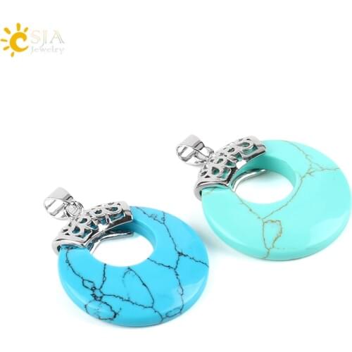 CSJA Natural White Clear Crystal Necklace Pendants for Women Men Hollow Round Cabochon Blue Stone Opal Tibetan Reiki Charms E519