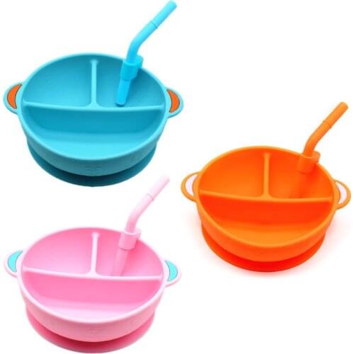 Baby Plate Divided Food Bowl with Straw Non-Slip Portable 3 Grid Silicone Feeding Dish Tableware