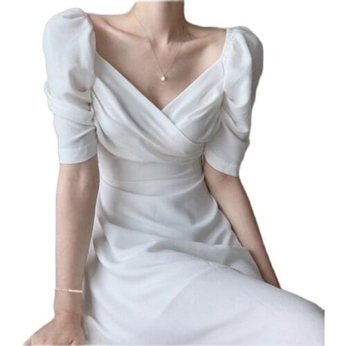 Elegant Dress Women V-Neck Puff Sleeve Midi Dress Fairy Retro Party Dress Wedding Lady Beach Holiday Skirt Korean 2021Summer