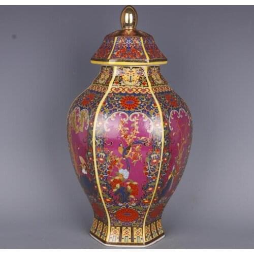 Qing Dynasty Yongzheng Enamel Flowers And Birds Six Square Large Ginger Pot Antique Craft Porcelain Home Furnishings ceramic jar