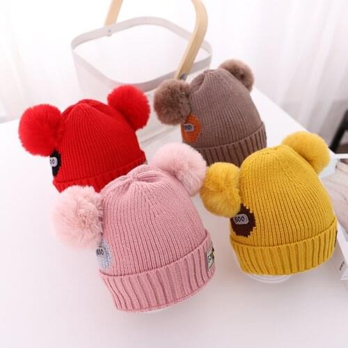 KENSHELLEY Childrens woolen hats autumn and winter Pompom Knit hat baby thick knit hats children labeling double ball warm hood