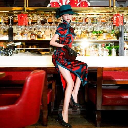 Chinese Dress Silk Blue Red Color Matching Qipao Evening Dresses Customized Printed Cheongsam Dress Traditional Retro Cheongsams