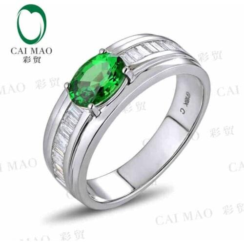 CaiMao 18KT/750 White Gold 1.10 ct Natural Tsavorite & 0.40 ct Full Cut Diamond Engagement Gemstone Ring Jewelry