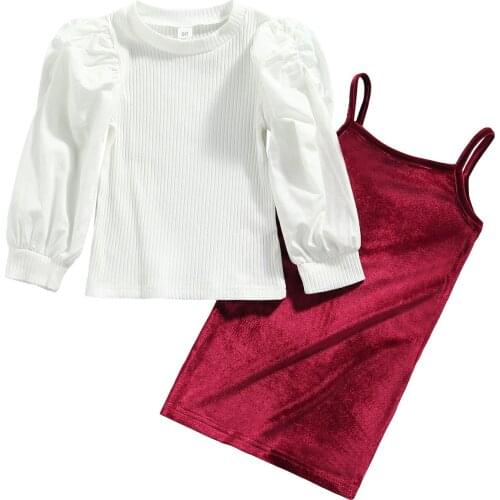 New Autumn Fashion Kids Girls 2pcs Clothes Sets Solid Long Puff Sleeve Knit T Shirts+Velvet Straight Suspender Dress