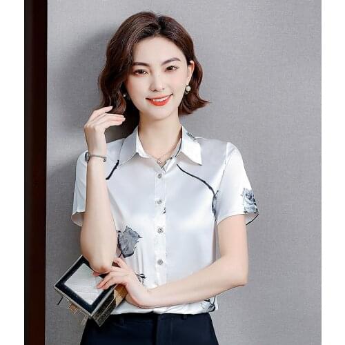 Korean Silk Women Shirts Woman Satin Floral Blouses Shirt Office Lady Silk Print Shirts Tops Plus Size Woman Satin Blouse Shirt