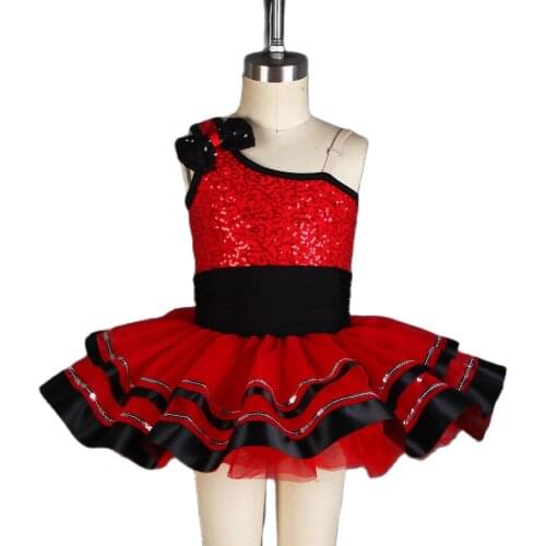 Red Spandex Sequin Bodice Dancing Tutu Romantic Ballet Tulle Skirt Child & Girl Stage Performance Costumes Princess Dress 20055