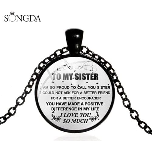 Fashion Women Friendship Necklace To My Sister I Love You Quote Glass Cabochon Pendant Long Chain Necklace Birthday Gifts