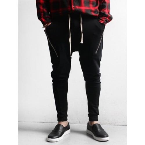 Men slim zipper decoration small foot pants spring new singer hair stylist hip hop street large size harlan pants