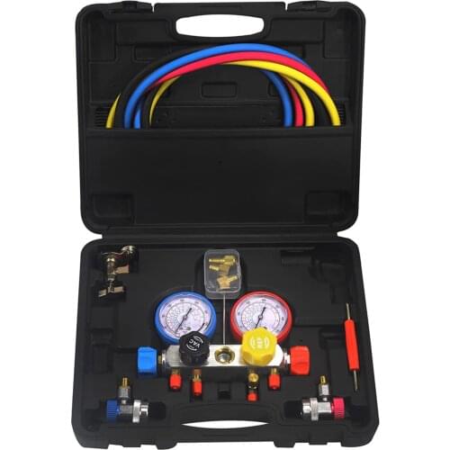 4 Way A/C Diagnostic Manifold Gauge Set Fits R134A R410A and R22 with 5FT Hose, 3 Acme Adapters, Adjustable Couplers and Can Tap