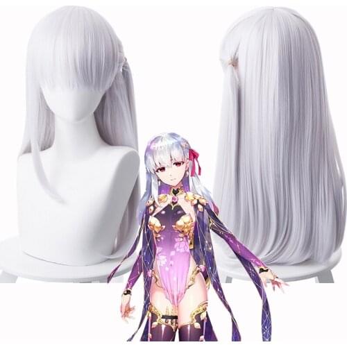 Anime Fate Grand Order Kama Cosplay Wig Light Gray Blue Mid-length Hair Heat Resistant Synthetic Hair Halloween Role Play