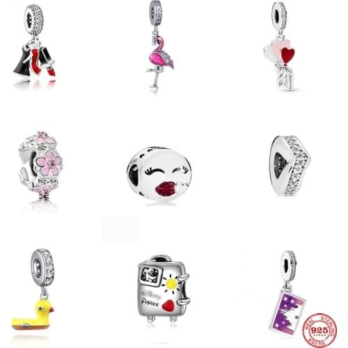 2021 Flamingo Love Flowers Duck High Heels Charm Bead Fit Original Pandora Bracelet Silver 925 DIY Jewelry Women Gift