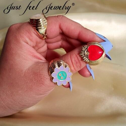 JUST FEEL Cute Flower Smiley Chunky Metal Ring For Women Girls Gold Color Korean Trendy Multicolor Enamel Geometric Ring Jewelry