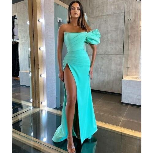Sexy One Shoulder Mermaid Long Satin Evening Dresses with Side Slit Floor Length Zipper Back Blue Formal Party Dress for Women