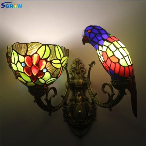 SGROW Art Deco Wall Sconce Parrot Lamp Tiffany Glass Lampshade Birds Lights for Bedroom Stair Lampara Indoor Lighting Fixture