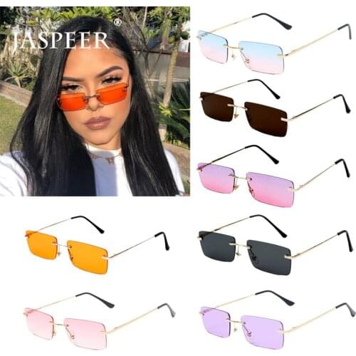 JASPEER Retro Rectangle Rimless Sunglasses Women UV400 Fashion Unisex Retro Gradient Shades Vintage Small Square Eyewear